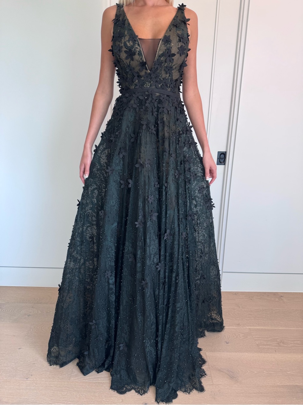Black Floral 3D Illusion Overlay Appliqué V-Neck Maxi Gown